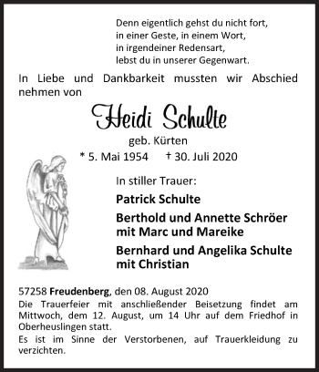 Traueranzeige von Heidi Schulte von Siegener Zeitung