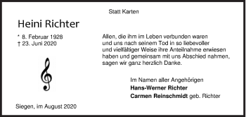 Traueranzeige von Heini Richter von Siegener Zeitung