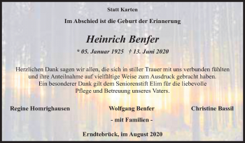 Traueranzeige von Heinrich Benfer von Siegener Zeitung