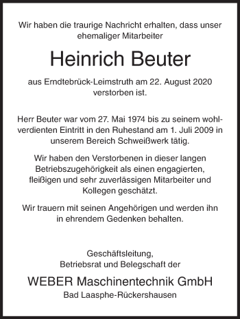 Traueranzeige von Heinrich Beuter von Siegener Zeitung