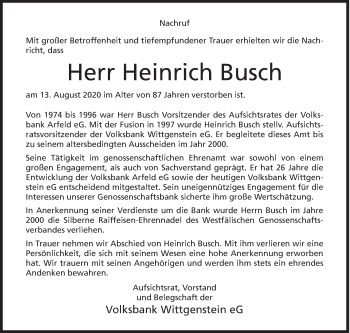 Traueranzeige von Heinrich Busch von Siegener Zeitung