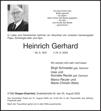 Traueranzeige von Heinrich Gerhard von Siegener Zeitung
