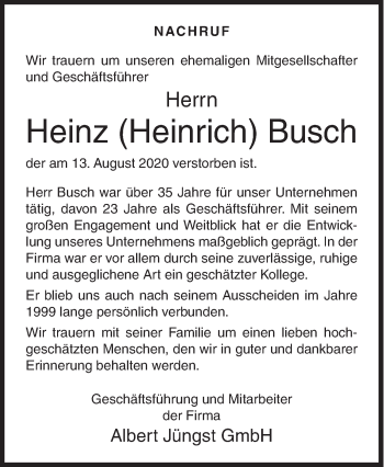 Traueranzeige von Heinz Busch von Siegener Zeitung
