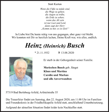 Traueranzeige von Heinz Busch von Siegener Zeitung