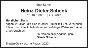 Traueranzeige von Heinz-Dieter Schenk von Siegener Zeitung