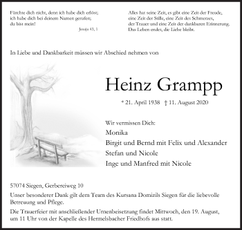 Traueranzeige von Heinz Grampp von Siegener Zeitung