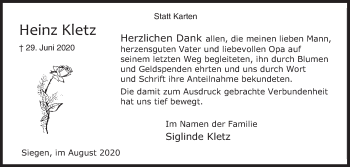 Traueranzeige von Heinz Kletz von Siegener Zeitung