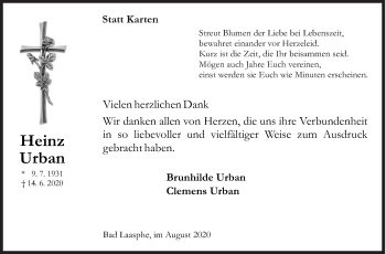 Traueranzeige von Heinz Urban von Siegener Zeitung