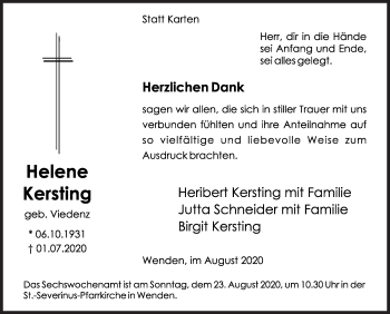 Traueranzeige von Helene Kersting von Siegener Zeitung