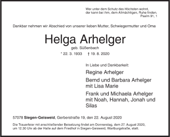 Traueranzeige von Helga Arhelger von Siegener Zeitung