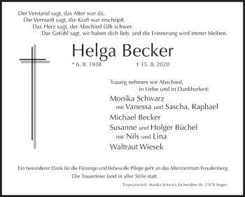 Traueranzeige von Helga Becker von Siegener Zeitung