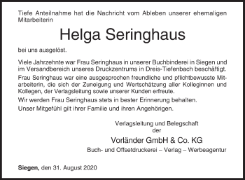 Traueranzeige von Helga Seringhaus von Siegener Zeitung