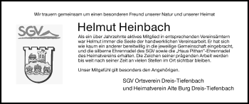 Traueranzeige von Helmut Heinbach von Siegener Zeitung