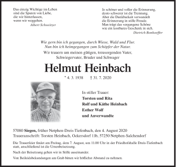Traueranzeige von Helmut Heinbach von Siegener Zeitung