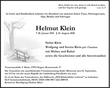 Traueranzeige von Helmut Klein von Siegener Zeitung
