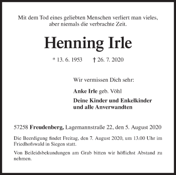 Traueranzeige von Henning Irle von Siegener Zeitung
