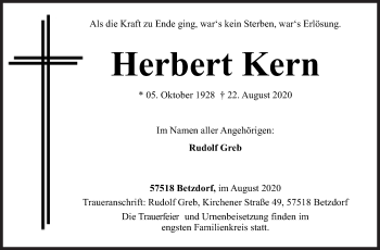 Traueranzeige von Herbert Kern von Siegener Zeitung
