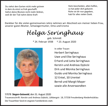 Traueranzeige von Herbert Seringhaus von Siegener Zeitung