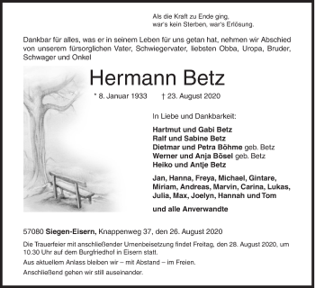 Traueranzeige von Hermann Betz von Siegener Zeitung