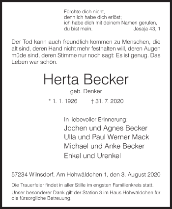 Traueranzeige von Herta Becker von Siegener Zeitung