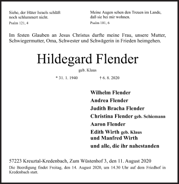 Traueranzeige von Hildegard Flender von Siegener Zeitung