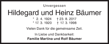 Traueranzeige von Hildegard und Heinz Bäumer von Siegener Zeitung
