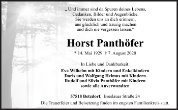 Traueranzeige von Horst Panthöfer von Siegener Zeitung