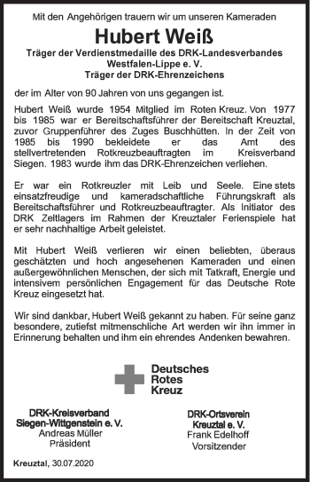 Traueranzeige von Hubert Weiß von Siegener Zeitung
