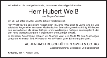 Traueranzeige von Hubert Weiß von Siegener Zeitung