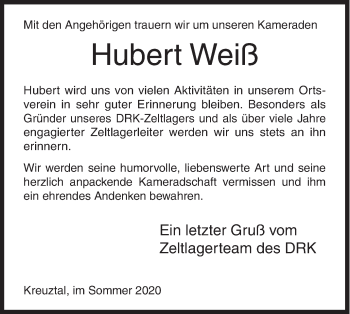 Traueranzeige von Hubert Weiß von Siegener Zeitung