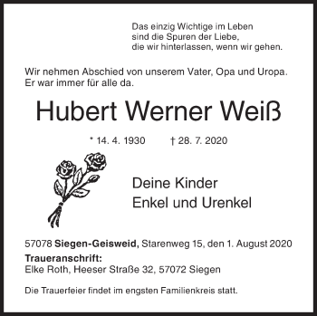Traueranzeige von Hubert Werner Weiß von Siegener Zeitung