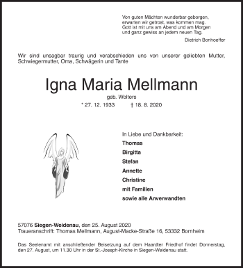 Traueranzeige von Igna Maria Mellmann von Siegener Zeitung