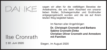 Traueranzeige von Ilse Cronrath von Siegener Zeitung