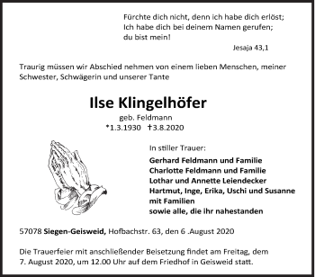 Traueranzeige von Ilse Klingelhöfer von Siegener Zeitung