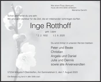 Traueranzeige von Inge Rotthoff von Siegener Zeitung