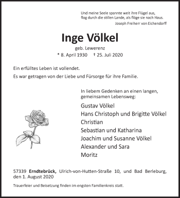 Traueranzeige von Inge Völkel von Siegener Zeitung