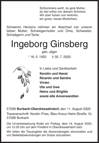 Traueranzeige von Ingeborg Ginsberg von Siegener Zeitung