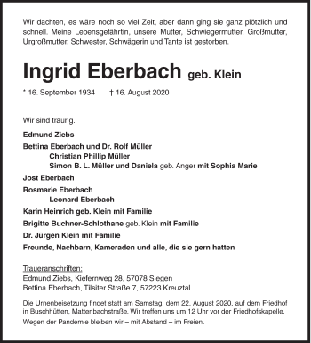 Traueranzeige von Ingrid Eberbach von Siegener Zeitung