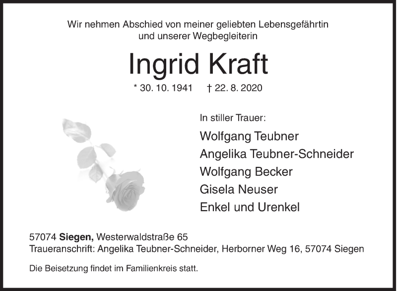  Traueranzeige für Ingrid Kraft vom 29.08.2020 aus Siegener Zeitung