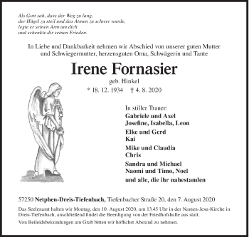 Traueranzeige von Irene Fornasier von Siegener Zeitung