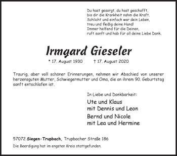 Traueranzeige von Irmgard Gieseler von Siegener Zeitung