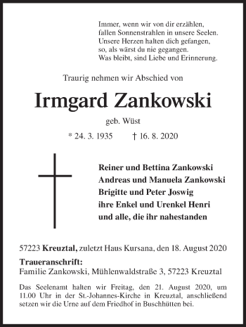 Traueranzeige von Irmgard Zankowski von Siegener Zeitung