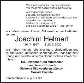 Traueranzeige von Joachim Helmert von Siegener Zeitung