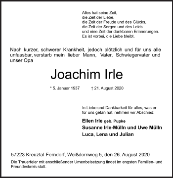 Traueranzeige von Joachim Irle von Siegener Zeitung