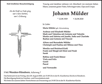 Traueranzeige von Johann Mülder von Siegener Zeitung