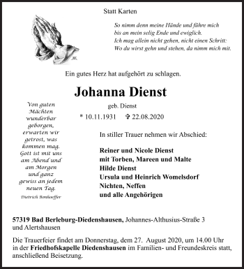 Traueranzeige von Johanna Dienst von Siegener Zeitung