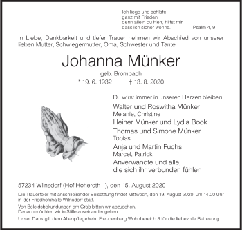 Traueranzeige von Johanna Münker von Siegener Zeitung