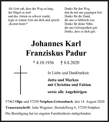 Traueranzeige von Johannes Karl Franziskus Padur von Siegener Zeitung