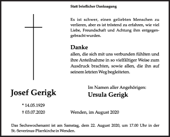 Traueranzeige von Josef Gerigk von Siegener Zeitung