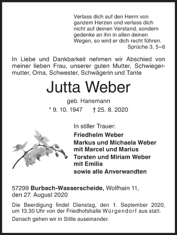Traueranzeige von Jutta Weber von Siegener Zeitung